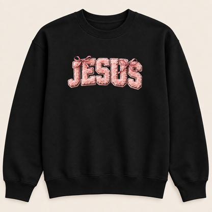 Jesus Bow Graphic Crewneck Sweatshirt, Pink Christian Faith Pullover, Faux Chenille-Style Printed Design