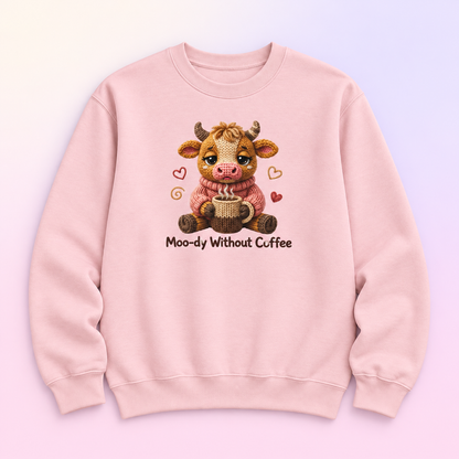Moo-dy Without Coffee Cow Crewneck Sweatshirt – Cute Coffee Lover Gift
