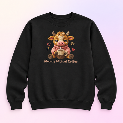 Moo-dy Without Coffee Cow Crewneck Sweatshirt – Cute Coffee Lover Gift